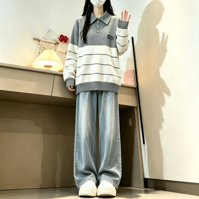 가을 겨울 새로운 학원 스타일 POLO 칼라 스트라이프 자수 다용도 스웨터 상세 이미지 5