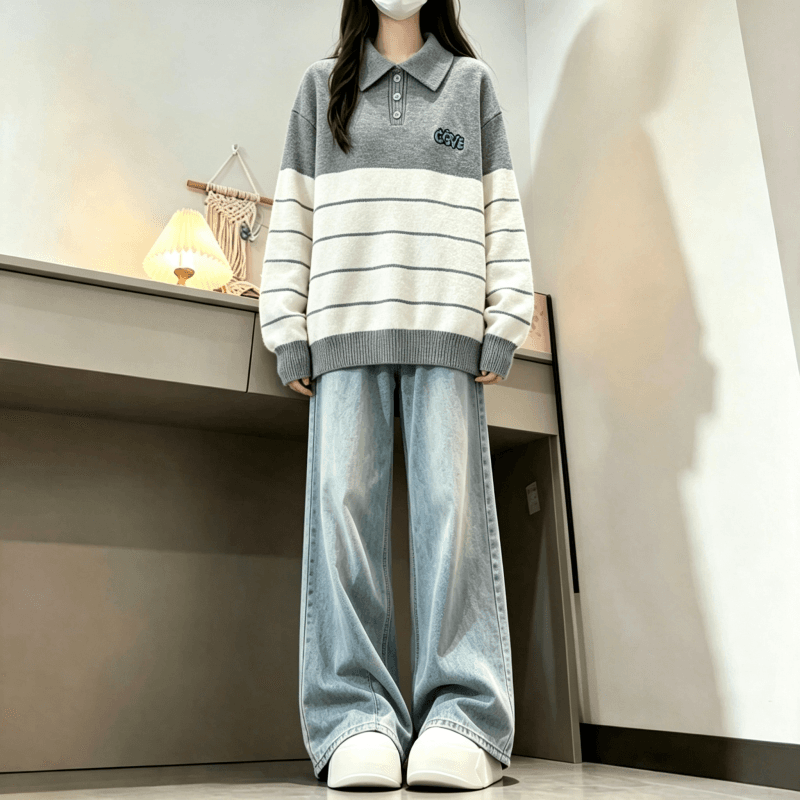 가을 겨울 새로운 학원 스타일 POLO 칼라 스트라이프 자수 다용도 스웨터 상세 이미지 6