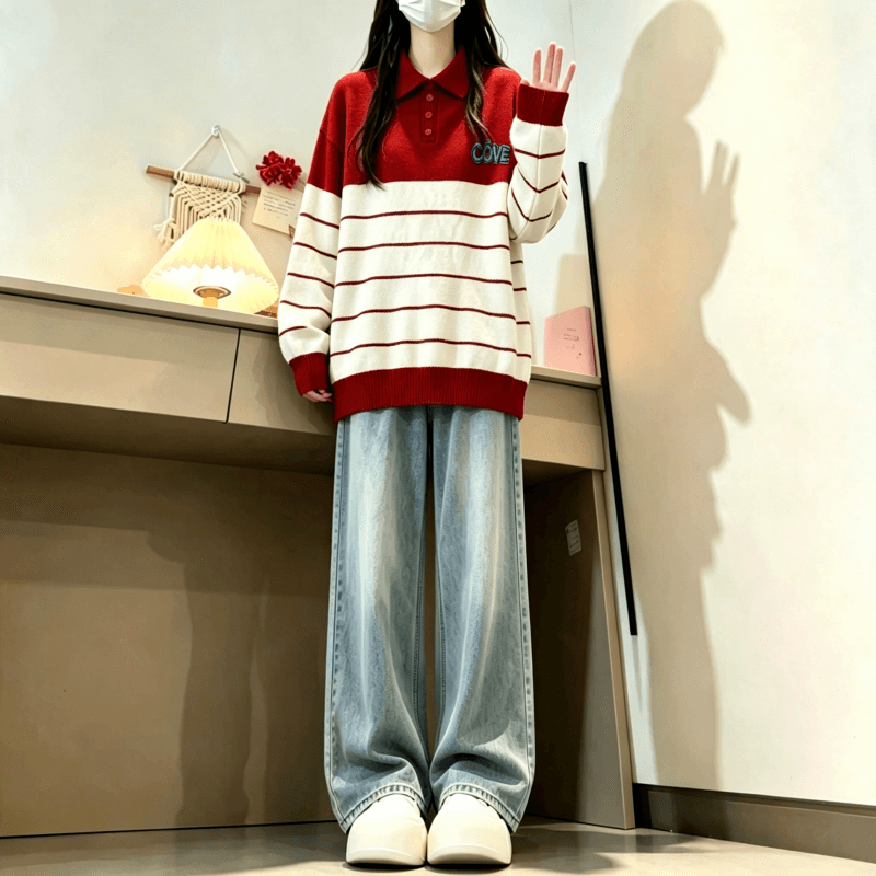가을 겨울 새로운 학원 스타일 POLO 칼라 스트라이프 자수 다용도 스웨터 상세 이미지 8