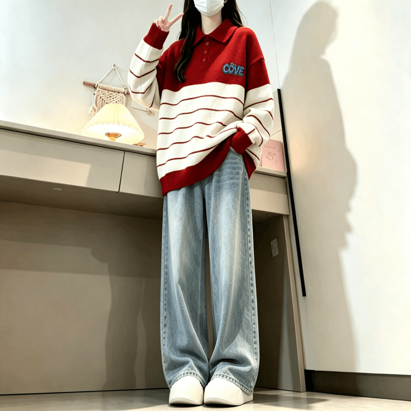가을 겨울 새로운 학원 스타일 POLO 칼라 스트라이프 자수 다용도 스웨터 상세 이미지 9