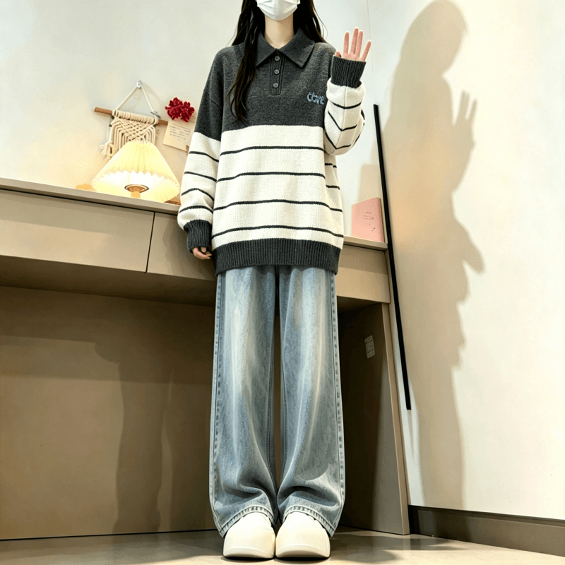 가을 겨울 새로운 학원 스타일 POLO 칼라 스트라이프 자수 다용도 스웨터 상세 이미지 14