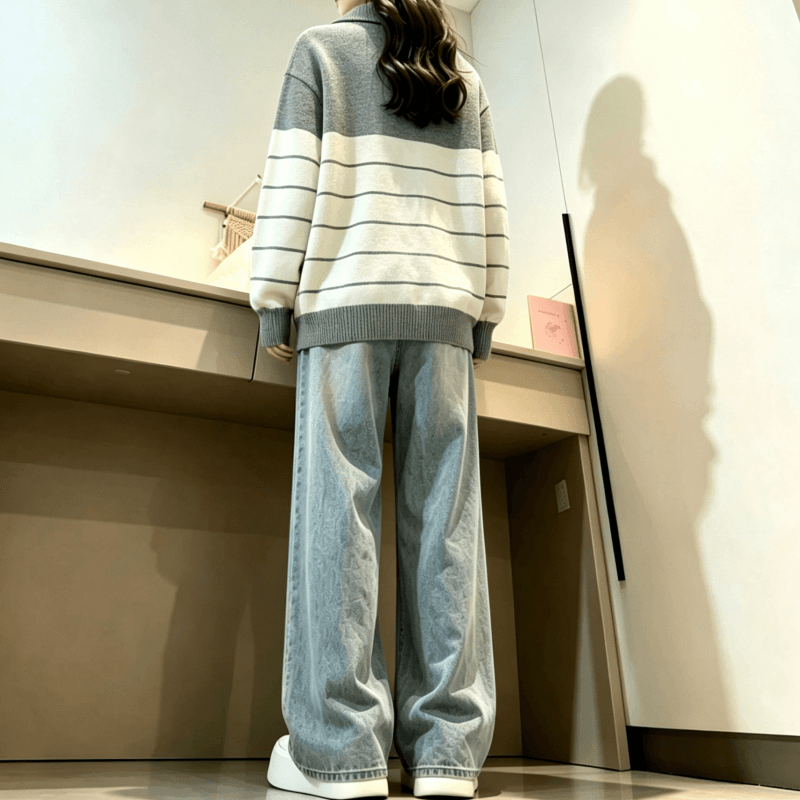 가을 겨울 새로운 학원 스타일 POLO 칼라 스트라이프 자수 다용도 스웨터 상세 이미지 15