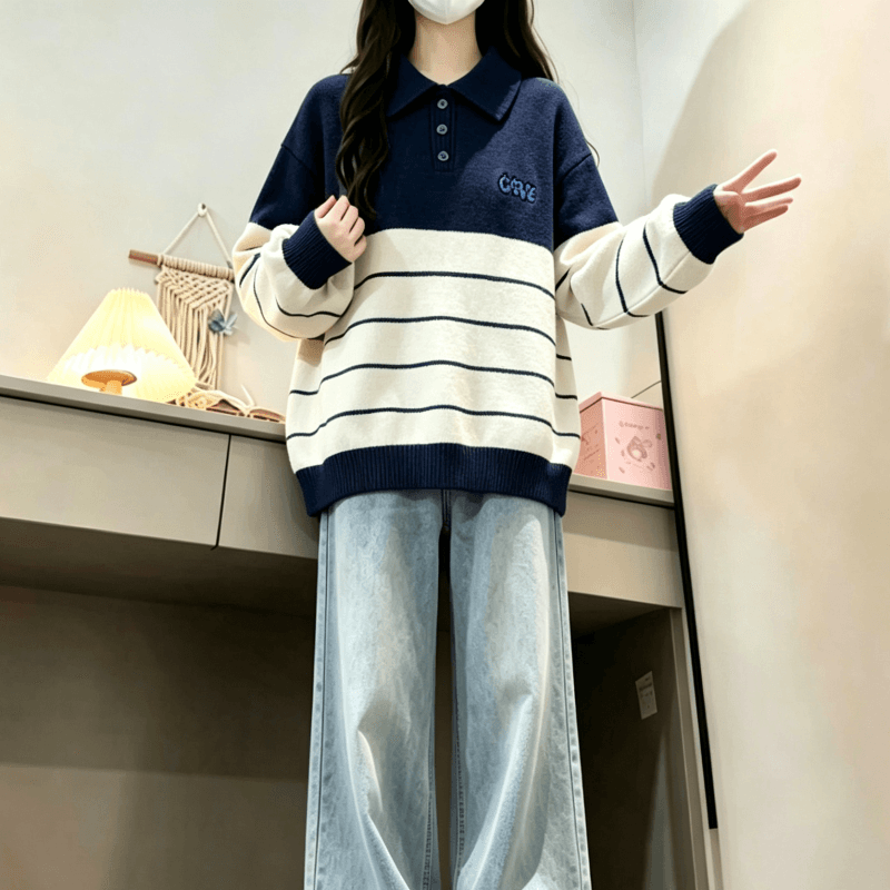 가을 겨울 새로운 학원 스타일 POLO 칼라 스트라이프 자수 다용도 스웨터 상세 이미지 18