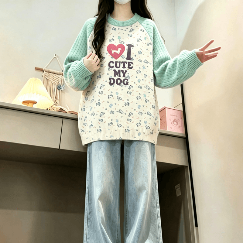 가을 겨울 새로운 아메리칸 재미있는 프린트 다용도 배색 라운드 넥 삽입 어깨 스웨터 이미지 2