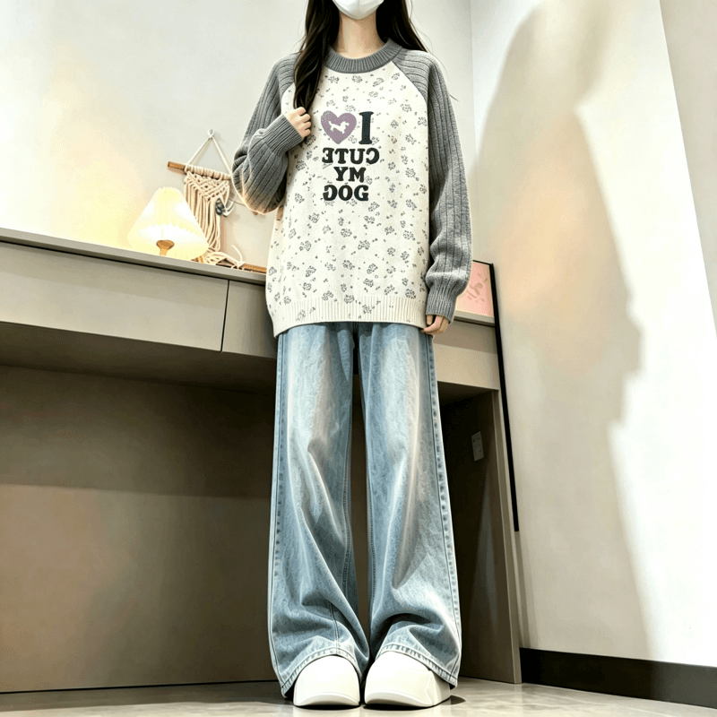 가을 겨울 새로운 아메리칸 재미있는 프린트 다용도 배색 라운드 넥 삽입 어깨 스웨터 상세 이미지 2
