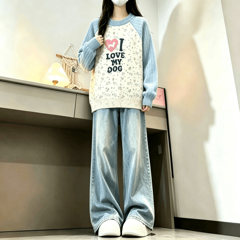 가을 겨울 새로운 아메리칸 재미있는 프린트 다용도 배색 라운드 넥 삽입 어깨 스웨터 상세 이미지 4