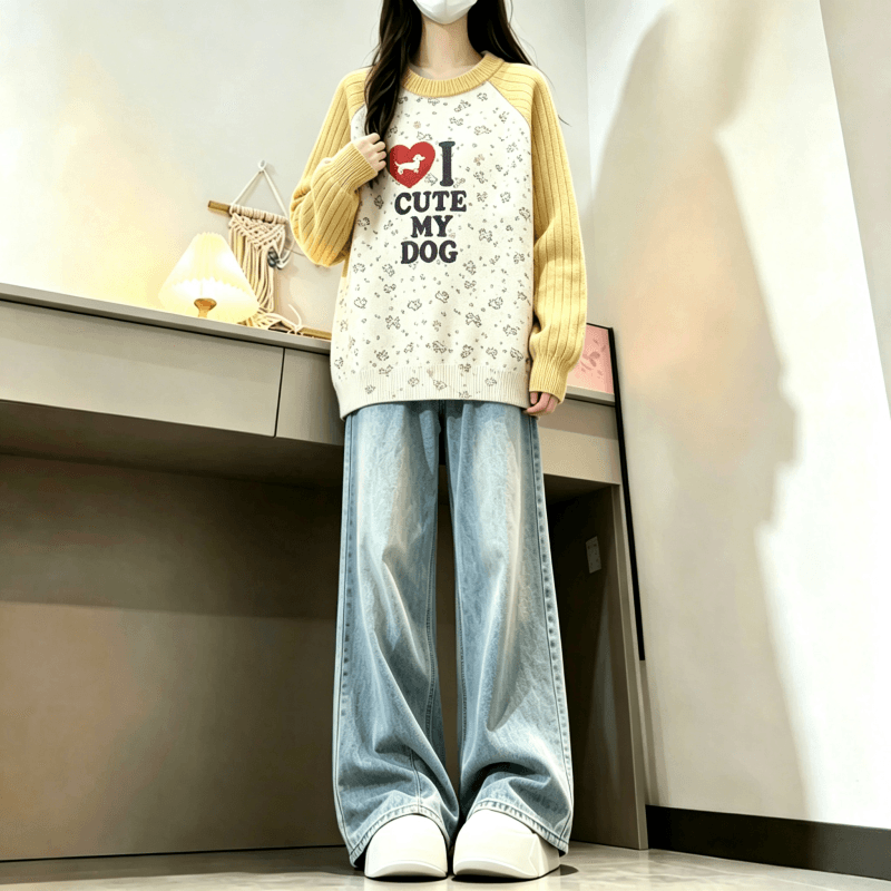 가을 겨울 새로운 아메리칸 재미있는 프린트 다용도 배색 라운드 넥 삽입 어깨 스웨터 상세 이미지 6