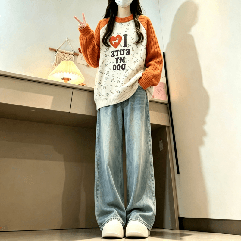 가을 겨울 새로운 아메리칸 재미있는 프린트 다용도 배색 라운드 넥 삽입 어깨 스웨터 상세 이미지 15