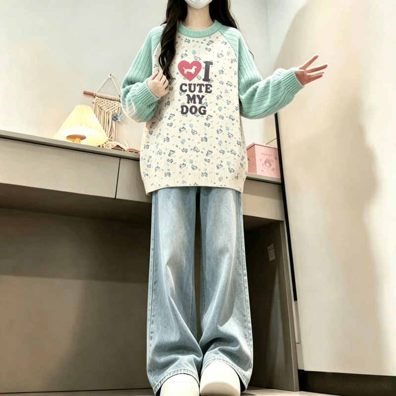 가을 겨울 새로운 아메리칸 재미있는 프린트 다용도 배색 라운드 넥 삽입 어깨 스웨터 상세 이미지 17
