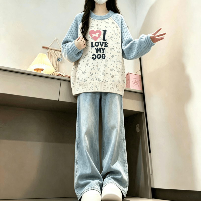 가을 겨울 새로운 아메리칸 재미있는 프린트 다용도 배색 라운드 넥 삽입 어깨 스웨터 상세 이미지 18