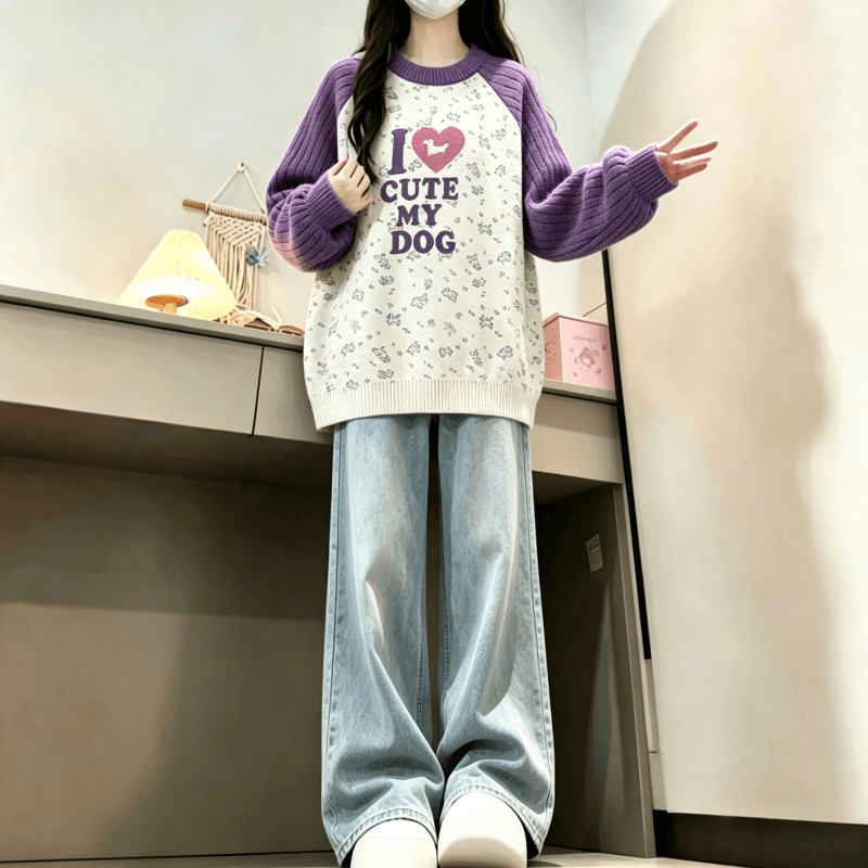 가을 겨울 새로운 아메리칸 재미있는 프린트 다용도 배색 라운드 넥 삽입 어깨 스웨터 상세 이미지 21