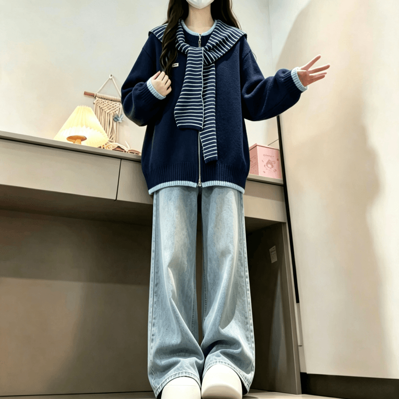 가을 겨울 새로운 한 부서 배색 라운드 넥 스트라이프 숄 페이크 레이어드 니트 오픈 가디건 이미지 2