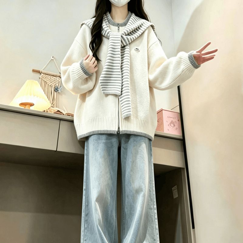 가을 겨울 새로운 한 부서 배색 라운드 넥 스트라이프 숄 페이크 레이어드 니트 오픈 가디건