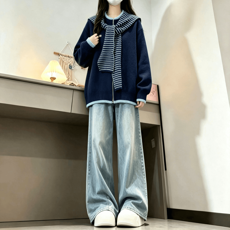 가을 겨울 새로운 한 부서 배색 라운드 넥 스트라이프 숄 페이크 레이어드 니트 오픈 가디건 상세 이미지 4