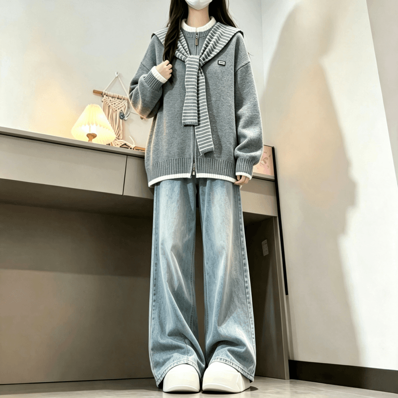 가을 겨울 새로운 한 부서 배색 라운드 넥 스트라이프 숄 페이크 레이어드 니트 오픈 가디건 상세 이미지 7