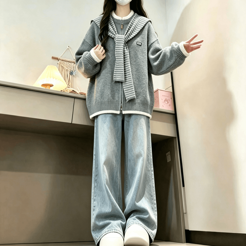 가을 겨울 새로운 한 부서 배색 라운드 넥 스트라이프 숄 페이크 레이어드 니트 오픈 가디건 상세 이미지 9