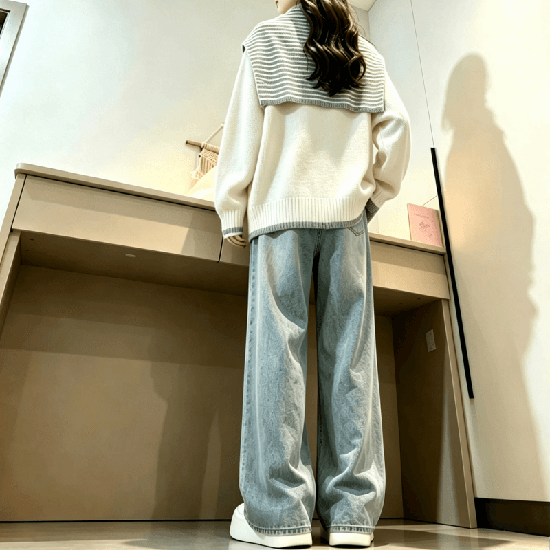 가을 겨울 새로운 한 부서 배색 라운드 넥 스트라이프 숄 페이크 레이어드 니트 오픈 가디건 상세 이미지 13