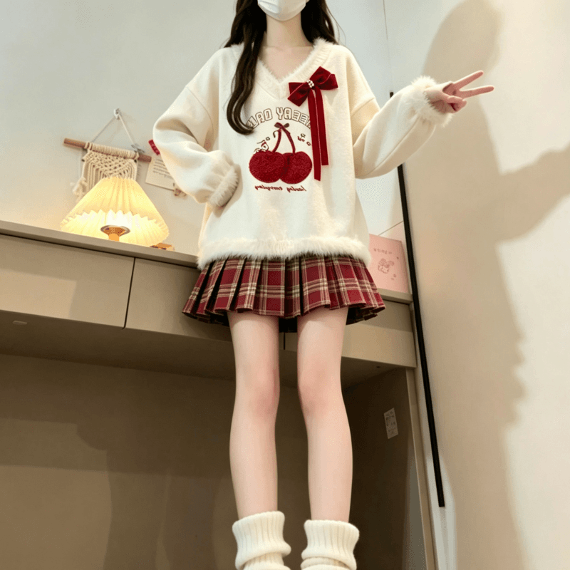 가을 겨울 새로운 달콤함 소녀 체리 자수 V넥 스웨터 보내기 나비 넥타이 이미지 2