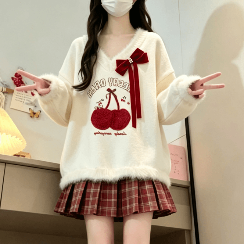 가을 겨울 새로운 달콤함 소녀 체리 자수 V넥 스웨터 보내기 나비 넥타이 이미지 4