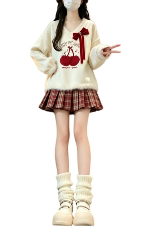 가을 겨울 새로운 달콤함 소녀 체리 자수 V넥 스웨터 보내기 나비 넥타이 이미지 6