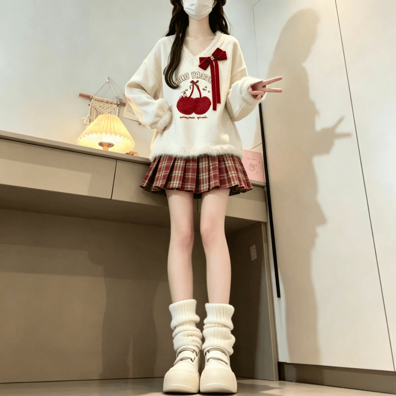 가을 겨울 새로운 달콤함 소녀 체리 자수 V넥 스웨터 보내기 나비 넥타이 상세 이미지 2