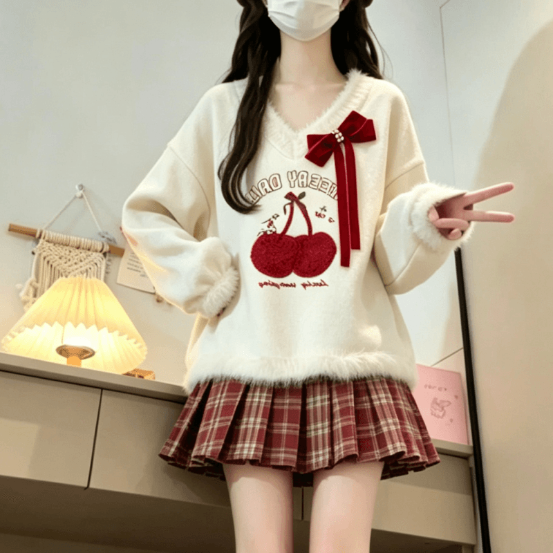 가을 겨울 새로운 달콤함 소녀 체리 자수 V넥 스웨터 보내기 나비 넥타이 상세 이미지 3