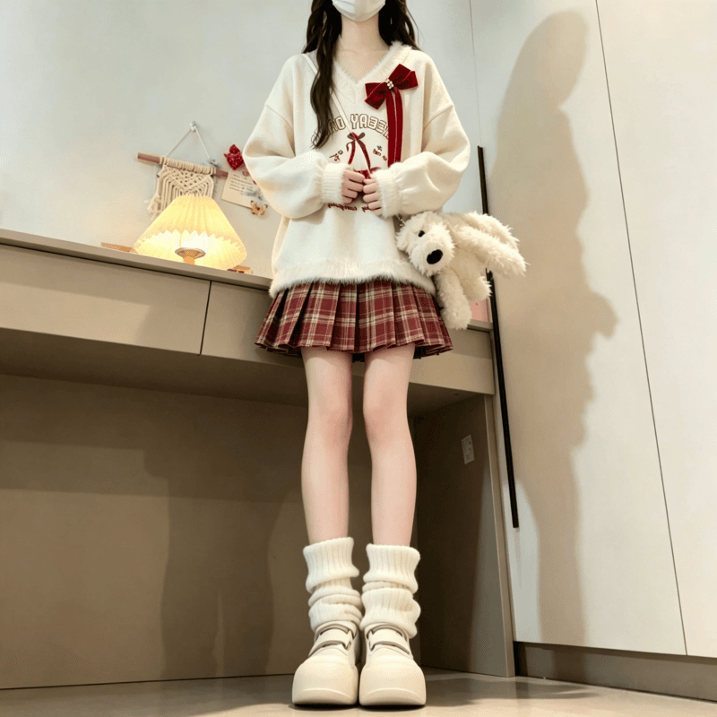 가을 겨울 새로운 달콤함 소녀 체리 자수 V넥 스웨터 보내기 나비 넥타이 상세 이미지 10