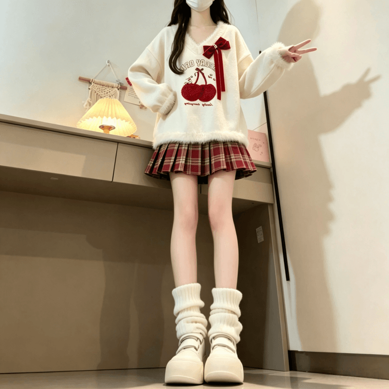 가을 겨울 새로운 달콤함 소녀 체리 자수 V넥 스웨터 보내기 나비 넥타이 상세 이미지 11
