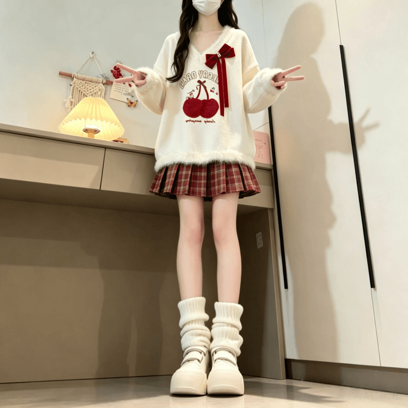 가을 겨울 새로운 달콤함 소녀 체리 자수 V넥 스웨터 보내기 나비 넥타이 상세 이미지 12