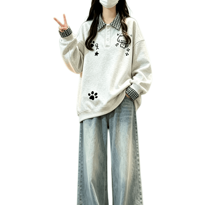 새로운 학원 스타일 POLO 칼라 체크무늬 패치워크 페이크 레이어드 프린트 루즈핏 후드티 이미지 5