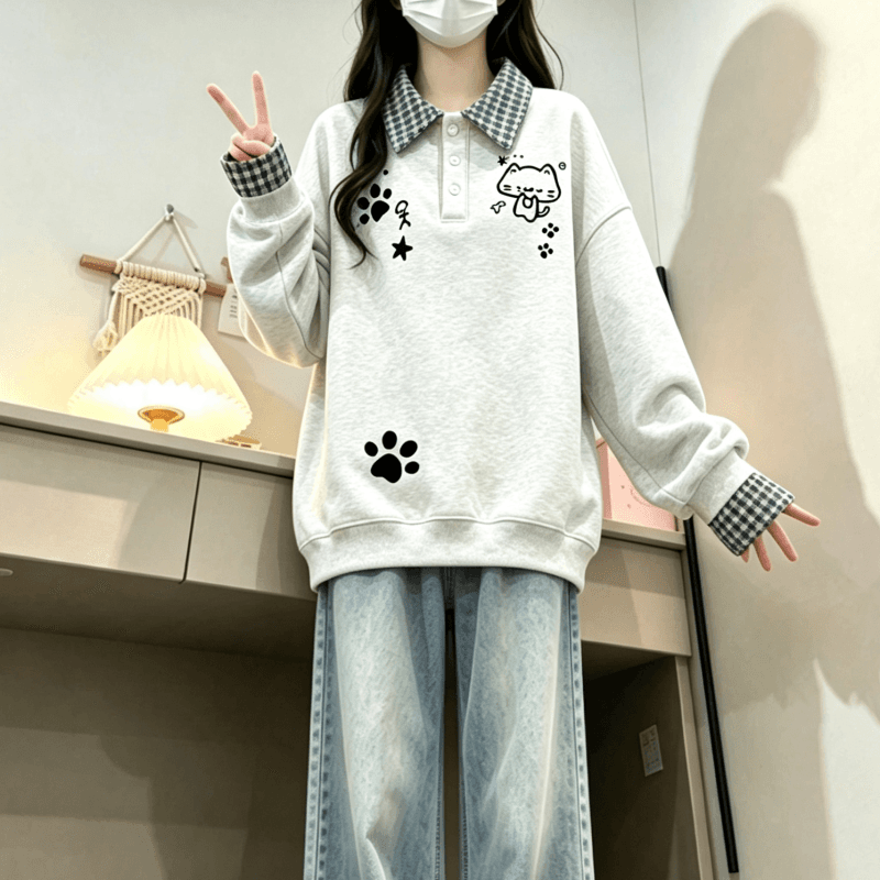 새로운 학원 스타일 POLO 칼라 체크무늬 패치워크 페이크 레이어드 프린트 루즈핏 후드티 이미지 2