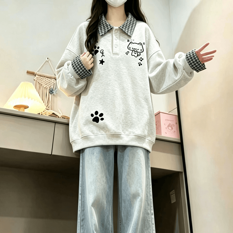 새로운 학원 스타일 POLO 칼라 체크무늬 패치워크 페이크 레이어드 프린트 루즈핏 후드티 상세 이미지 2