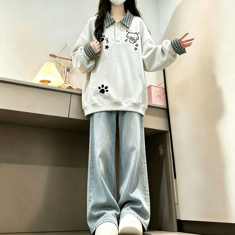 새로운 학원 스타일 POLO 칼라 체크무늬 패치워크 페이크 레이어드 프린트 루즈핏 후드티 상세 이미지 3