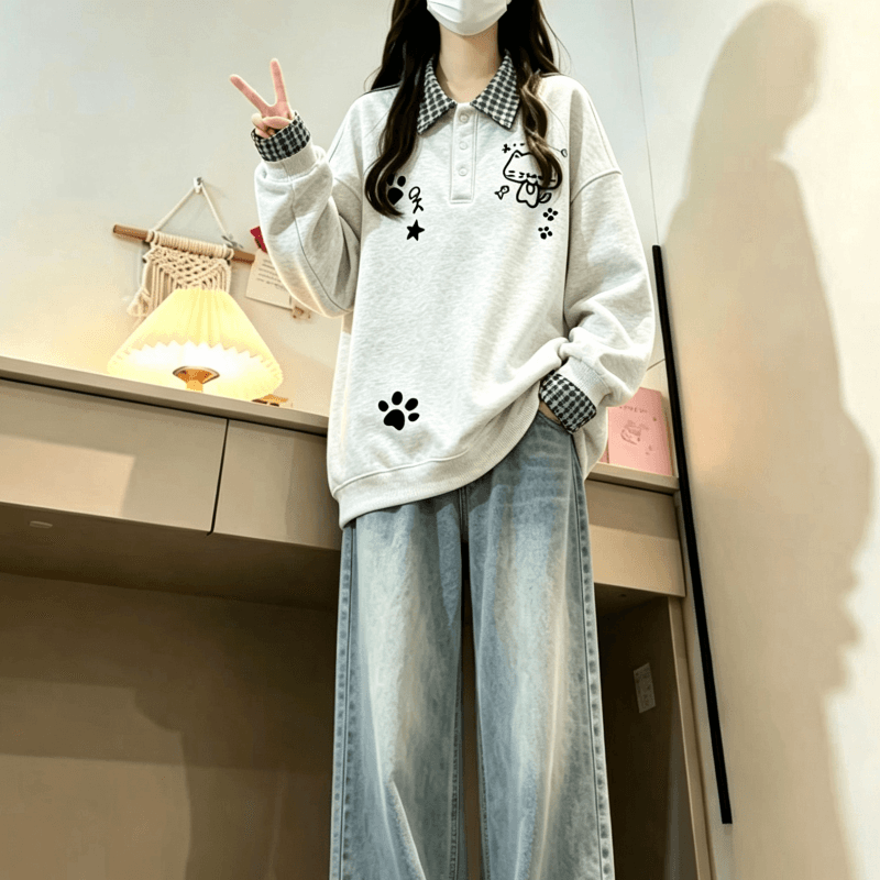 새로운 학원 스타일 POLO 칼라 체크무늬 패치워크 페이크 레이어드 프린트 루즈핏 후드티 상세 이미지 4