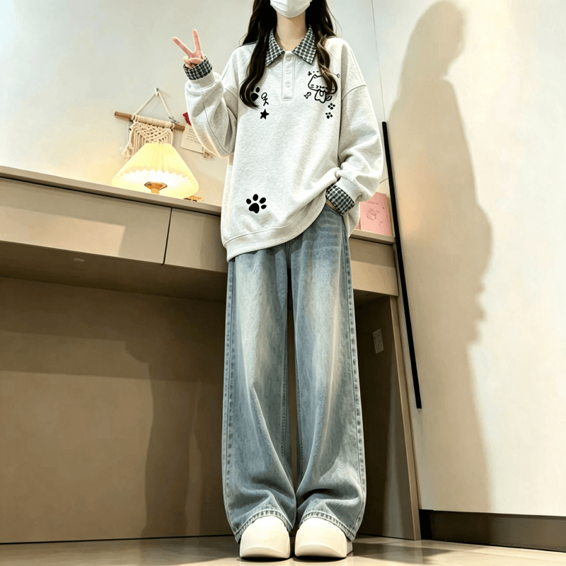 새로운 학원 스타일 POLO 칼라 체크무늬 패치워크 페이크 레이어드 프린트 루즈핏 후드티 상세 이미지 5