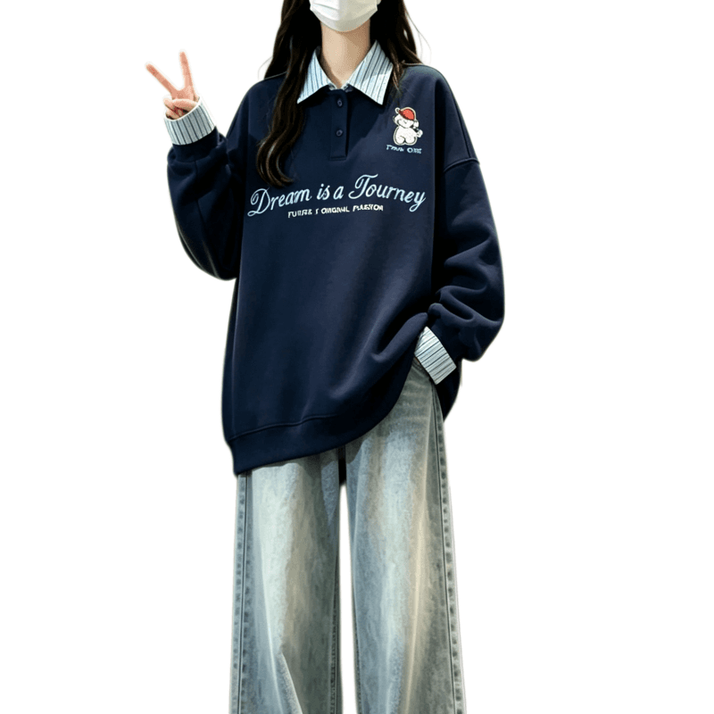 새로운 학원 스타일 POLO 칼라 스트라이프 패치워크 페이크 레이어드 자수 루즈핏 다용도 후드티 이미지 5