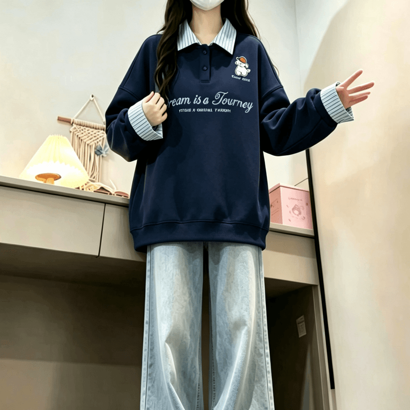 새로운 학원 스타일 POLO 칼라 스트라이프 패치워크 페이크 레이어드 자수 루즈핏 다용도 후드티 이미지 2