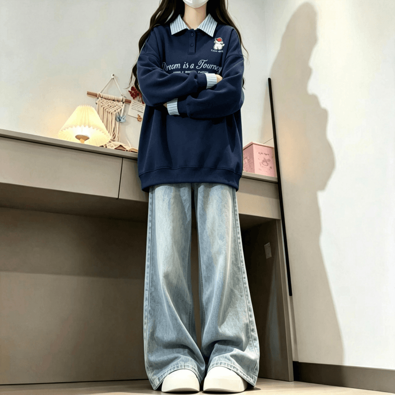 새로운 학원 스타일 POLO 칼라 스트라이프 패치워크 페이크 레이어드 자수 루즈핏 다용도 후드티 이미지 4
