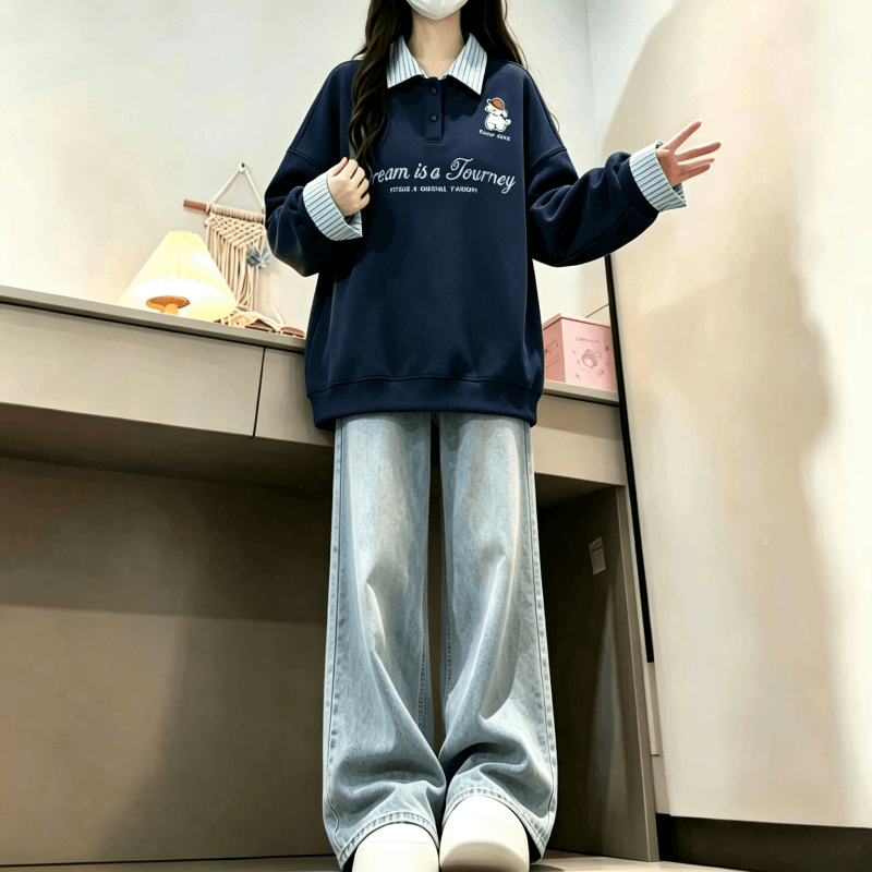 새로운 학원 스타일 POLO 칼라 스트라이프 패치워크 페이크 레이어드 자수 루즈핏 다용도 후드티 상세 이미지 2