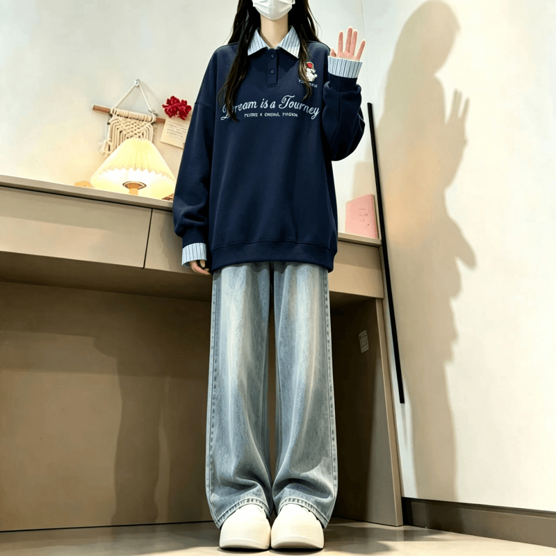 새로운 학원 스타일 POLO 칼라 스트라이프 패치워크 페이크 레이어드 자수 루즈핏 다용도 후드티 상세 이미지 3