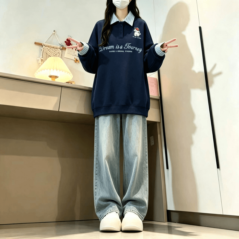 새로운 학원 스타일 POLO 칼라 스트라이프 패치워크 페이크 레이어드 자수 루즈핏 다용도 후드티 상세 이미지 6