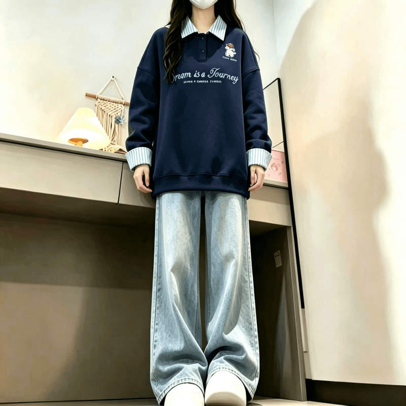 새로운 학원 스타일 POLO 칼라 스트라이프 패치워크 페이크 레이어드 자수 루즈핏 다용도 후드티 상세 이미지 8