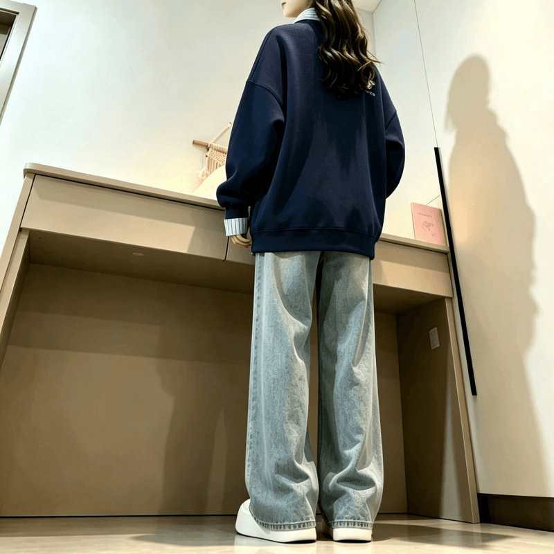 새로운 학원 스타일 POLO 칼라 스트라이프 패치워크 페이크 레이어드 자수 루즈핏 다용도 후드티 상세 이미지 9