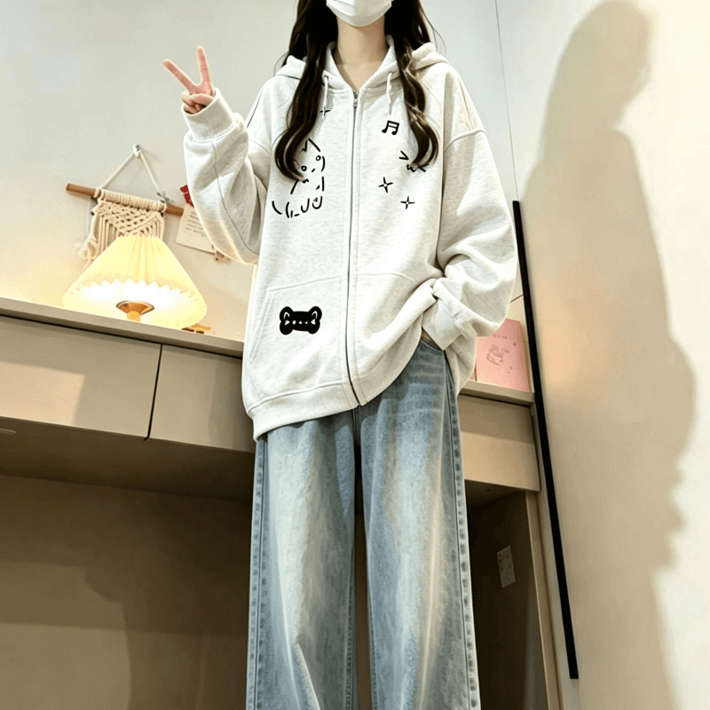 가을 겨울 새로운 학원 스타일 만화 고양이 프린트 후드 지퍼 후드티 루즈핏 오픈 가디건 두꺼운 재킷 상세 이미지 2