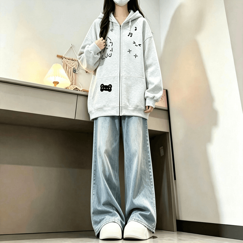 가을 겨울 새로운 학원 스타일 만화 고양이 프린트 후드 지퍼 후드티 루즈핏 오픈 가디건 두꺼운 재킷 상세 이미지 10
