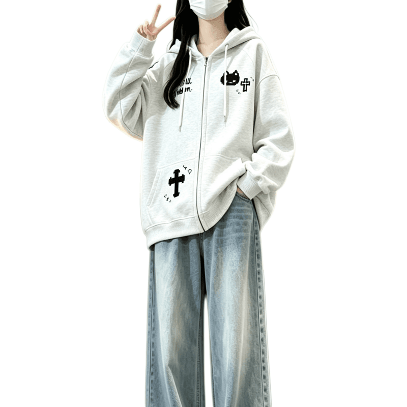 가을 겨울 새로운 학원 스타일 만화 고양이 프린트 후드 지퍼 후드티 루즈핏 오픈 가디건 두꺼운 재킷 이미지 5