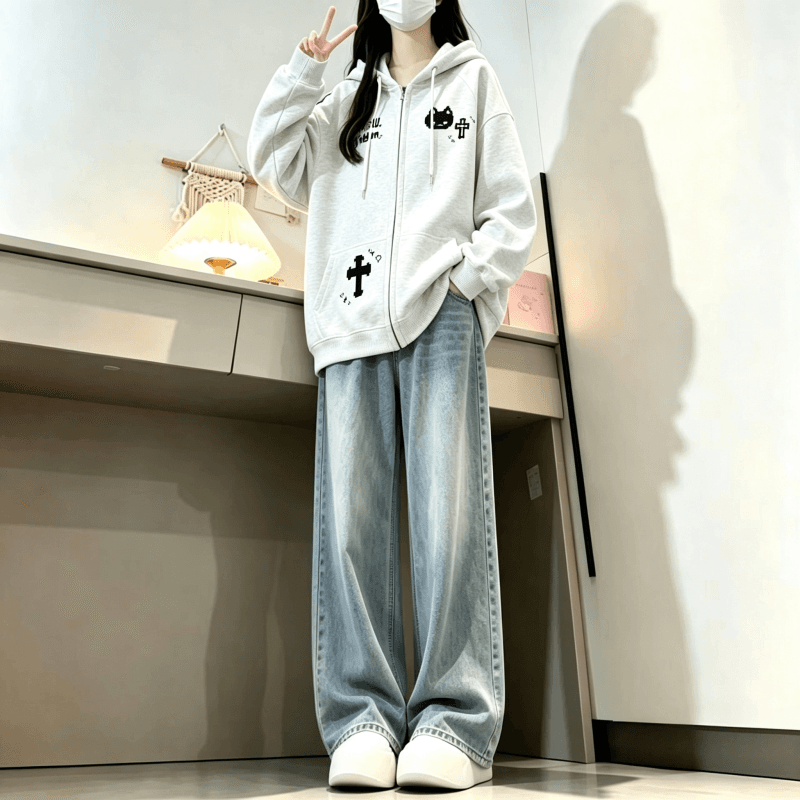 가을 겨울 새로운 학원 스타일 만화 고양이 프린트 후드 지퍼 후드티 루즈핏 오픈 가디건 두꺼운 재킷 이미지 4