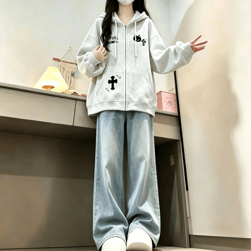 가을 겨울 새로운 학원 스타일 만화 고양이 프린트 후드 지퍼 후드티 루즈핏 오픈 가디건 두꺼운 재킷 이미지 3
