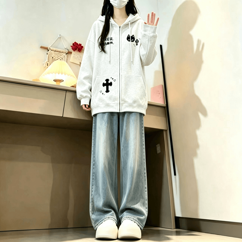 가을 겨울 새로운 학원 스타일 만화 고양이 프린트 후드 지퍼 후드티 루즈핏 오픈 가디건 두꺼운 재킷 상세 이미지 5