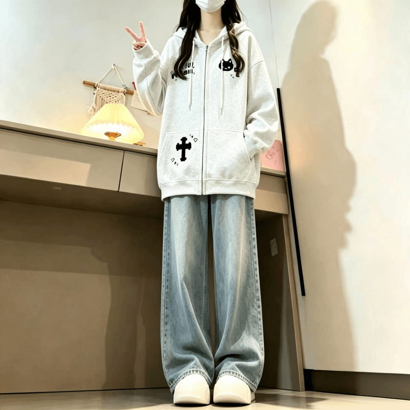 가을 겨울 새로운 학원 스타일 만화 고양이 프린트 후드 지퍼 후드티 루즈핏 오픈 가디건 두꺼운 재킷 상세 이미지 6